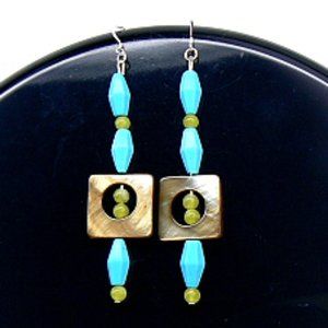 Silver Long Howlite jadeite MOP Earrings 3.5"